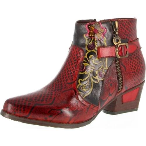 Retro Genuine Leather Embossed Pattern Splicing Folkways Craft Cloth Women Ankle Boots ZIP 3-5CM Thick High heel Women Shoes Red