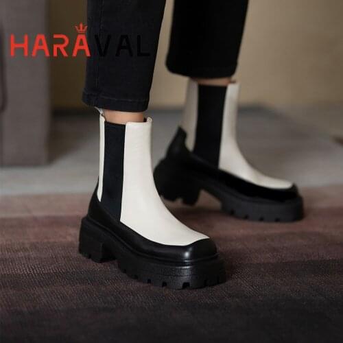 HARAVAL Women Punk Boots Ankle Waterproof Thick Bottom Shoes For Lady Fashion Black White Personality Martin Boots Flat E145L