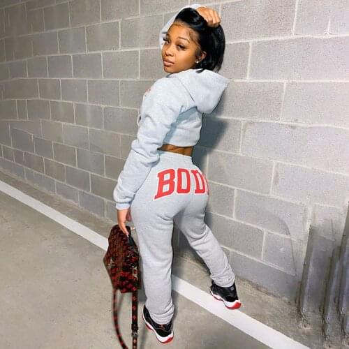 Women Autumn Spring New Sweatsuit BODY Letter Print Long Sleeve Hoodies + Elastic Waist Pants 2pcs/set Warm Tracksuit 2020