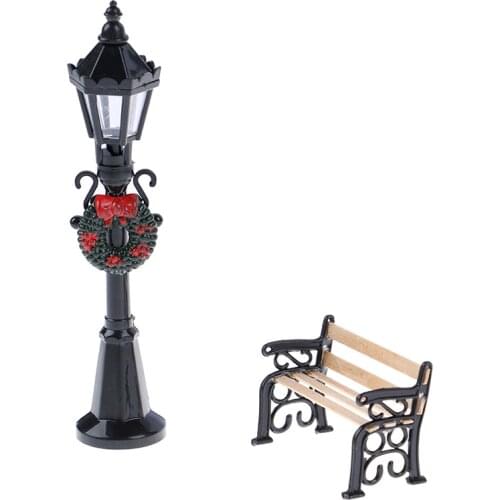 2Pcs/Set 1/12 Dollhouse Miniature Christmas Park Street Lamp & Bench Doll Garden Decor Garden Furniture Miniature Decor Toy
