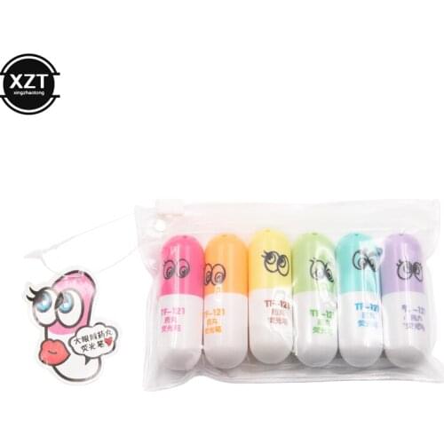 6 pcs lot Cute Capsules Vitamin Pill Highlighter Pens Kawaii Kids Drawing Painting Color Art Marker Pen School Office Stationery