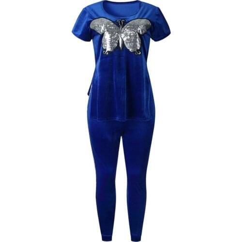 Butterfly Sequins Spliced Corduroy Tracksuit Womens Sets Short Sleeve Side Split Pullover Top And Bodycon Trouser Two Piece Set