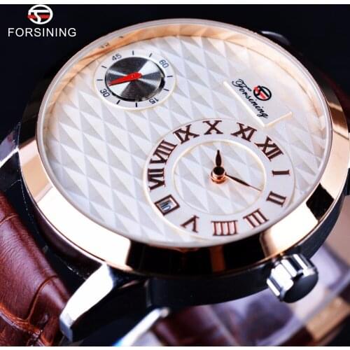 Forsining Second Dial Display Rolse Golden Case Brown Genuine Leather Strap Men Watches Top Brand Luxury Automatic Fashion Watch