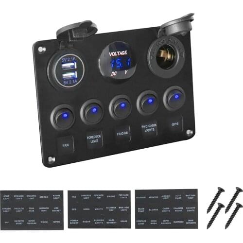 Digital Voltmeter Dual USB Port 12V Outlet Combination Waterproof Car Marine Boat LED Rocker Switch Panel