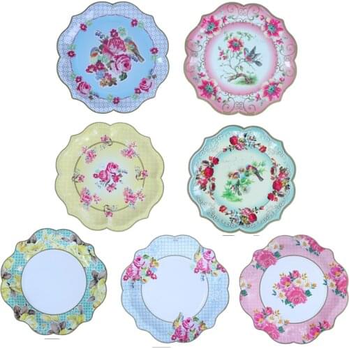 CYUAN 8pcs Birthday Party Decor Wedding Floral Printing Disposable Tableware Tea Paper Plates Baby Shower Home Party Decoration