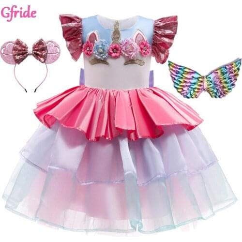 2021 Summer Flowers Girl Rainbow Unicorn Costume Dress Headband For Kids Birthday Party Gown Elegant Piano Performance Dresses