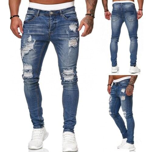 2021New Men Ripped Hole Jeans Denim Pants Pockets Button Skinny Long Trousers Mid Waist Hip Hop Punk Slim-Fit Casual Streetwear