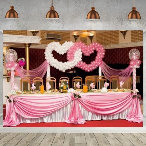 Wedding Party Photography Background Love Heart Shape Balloons Long Dinner Table Marriage Celebration Stage Backdrops