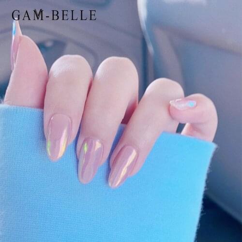 GAM-BELLE Holographic Pink False Nails With Glue Detachable French Ellipse Full Fake Nails Tips DIY Manicure Nail Art Tools
