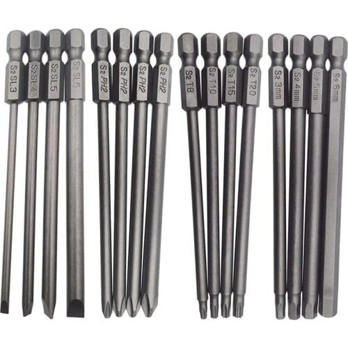 Hot 16Pcs Long netic Screwdriver Bits Set Slotted+Cross+Hex+Torx Drill Bit Set 1/4 Inch Hex Shank 100mm Length