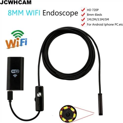 JCWHCAM 8mm Len 1M/2M/3M/5M Cable Waterproof Camera For iPhone and Android Endoscope WIFI Endoscope Inspection Camera HD 720p