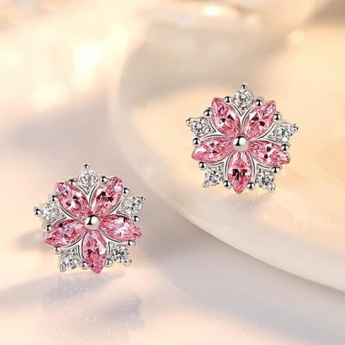 Cute Female Zircon Stone Sakura Flower Stud Earrings Vintage Wedding Earrings Jewelry Double Earrings For Women