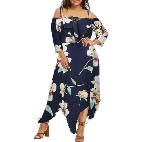 Fashion Women Off Shoulder Dresses Plus Size Lace Up Maxi Flowing Floral Print Dress Irregular Ruffle Dress Vestido Mujer #G3