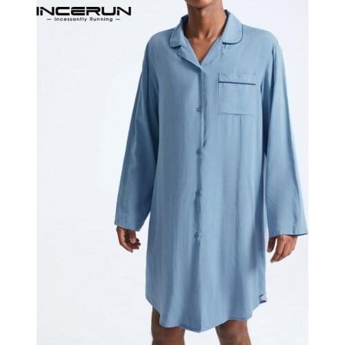 INCERUN Solid Color Men Robes Lapel Long Sleeve Comfortable Button Homewear Bathrobes 2021 Leisure Nightgown Loose Men Sleepwear