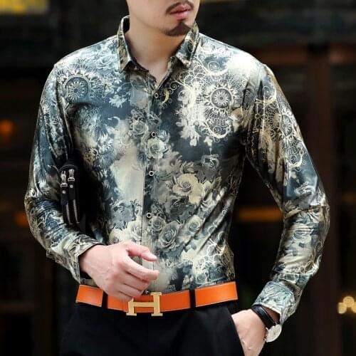 Mens Luxury Velvet Shirt Spring Autumn Slim Fit Long Sleeve Dress Shirts Business Casual Formal Flower Silk Shirt