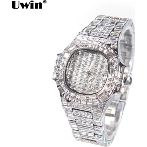 UWIN Square Dial Watch Full Baguette CZ Iced Out Silver Color Quartz Wrist Watches for Men Hip Hop Accessories for Drop Shipping