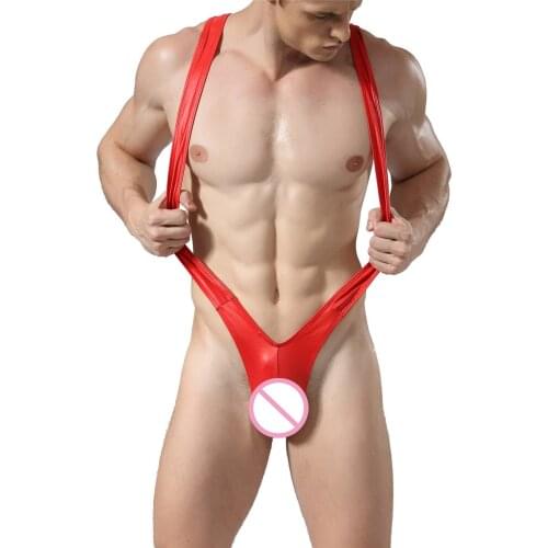 Mens Bodysuit One Piece Sexy Gay Underwear Jockstrap Wrestling Singlets Shorts Boxers Faux Leather Jumpsuit Costume