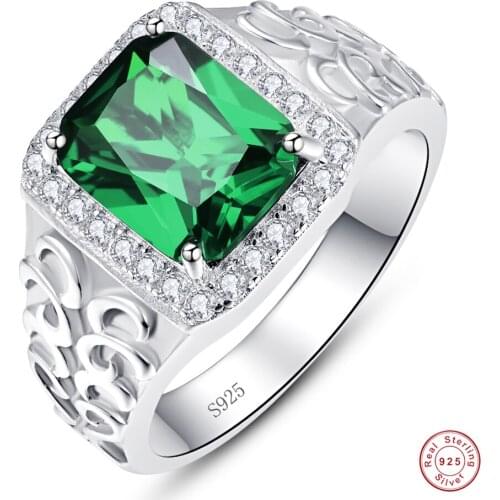 925 Sterling Silver Square Emerald Rings White Cubic Zirconia Hollow Flowers Zircon Wedding Engagement Ring for Men