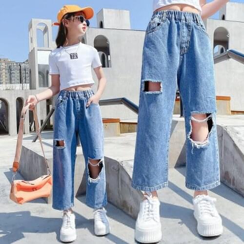 New Fashion Teen Girl Ripped Hole jeans Cotton Denim Pants Children Blue Color High Waist Ankle-Length Loose Destroy trousers