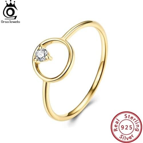 ORSA JEWELS Simple Gold Color Finger Rings Real 925 Silver Clear 4A Zircon Women Wedding Jewelry Party Gift Wholesale OSR191