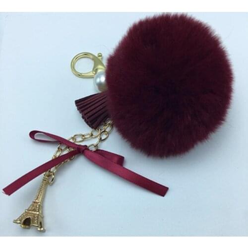 20pcs Fluffy Rabbit Fur Ball Key Chain Women Eiffel Tower Bag Pendant Fur Pom Pom Car Key Chains Jewelry Accessories