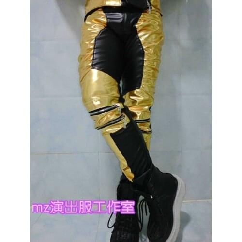 S-3xl ! 2020 Style Black Gold Hit Color Stitching Leather Pants Trousers Plus Size Costumes