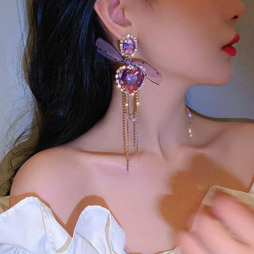 Big Crystal Heart Drop Earrings Bowknot Rhinestone Tassel Long Earrings for Women Girls Fashion Jewelry Wedding Party