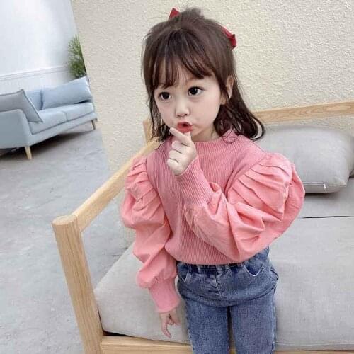Girls Puff Sleeve Knitwear Autumn Style Childrens Fashion Japanese and Korean Sweet Long Sleeve Tops 2-7 Years Old Kids Clothes