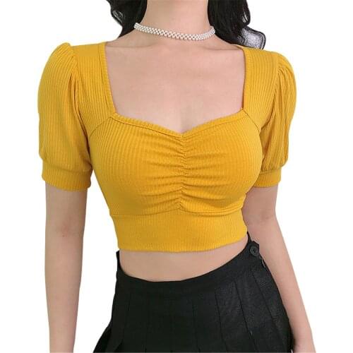 New Summer Elegant Womens Shirts Tops Retro Puff Sleeve Square Collar Solid Color 2021 Fashion Cotton Blouse Tops Roa De Mujer