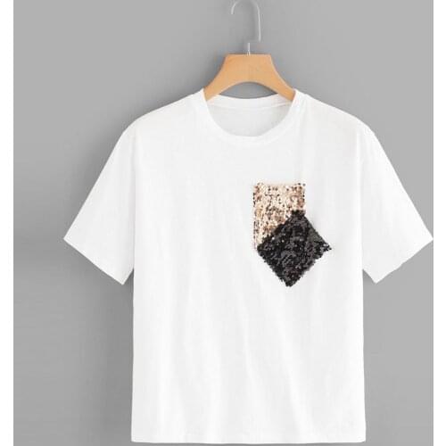 Women Summer T-shirts Short Sleeve Sequin Pocket Fashion Print Lady Basic T-shirt Top T Shirt Female Graphic Tee Tshirt #LR2