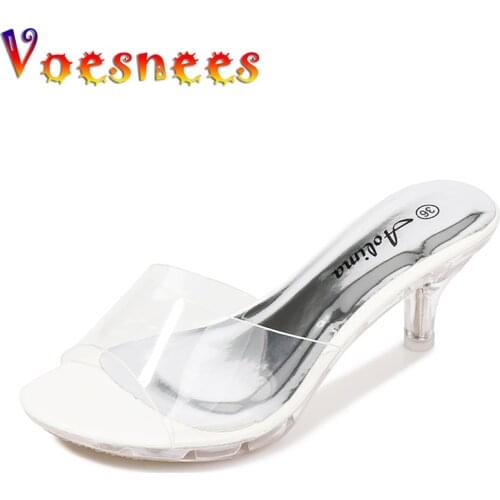 Voesnees Women Slippers Fashion Sexy Clear High Heels 6.5 CM Female Slides Clear Open Toe Mules Transparent Female Party Shoes