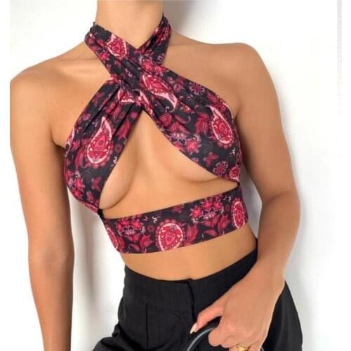 Women Sexy Close-fitting Vest Fuchsia Floral Printed Pattern Sleeveless Halter Neck Crop Tops, S/ M/ L/ XL