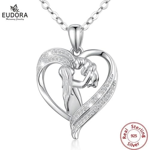 Eudora 100% 925 Sterling Silver girl and dog Pendant heart Crystal Necklace for Women Fine Jewelry Girlfriend birthday gift D563