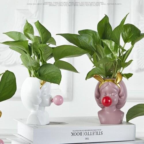 Nordic Style Resin Vase Cute Girl Blowing Bubbles Decorative Head Carving Flower Vases Modern Home Decoration Pen Holder