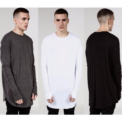 Long Sleeve With Glove Arc Hem Mens Streetwear Fashion Unisex Black White Cotton Dovetail Shirt Hip Hop Tee Shirt