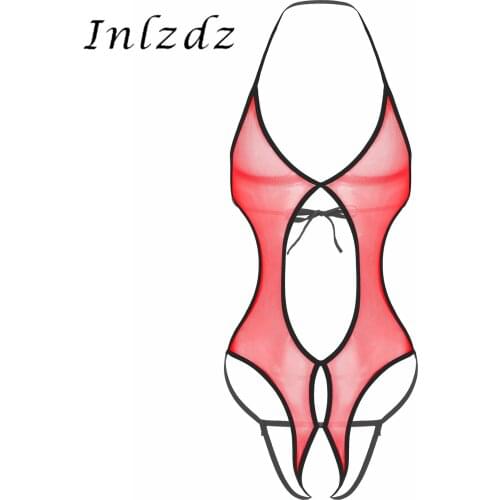 Mens Lingerie Crotchless Bodysuit Underwear Halter Neck Lace-up See-through Mesh Sexy Costume Open Crotch Nightwear Sleepwear