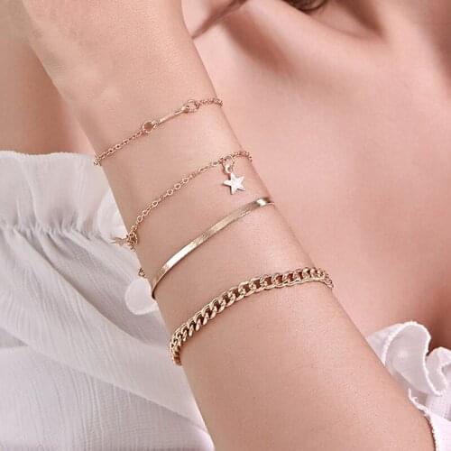 European and American Trendy Bracelets Set Five-pointed Star Punk Style Multi-layer Metal Chain Bracelet Four-piece Set