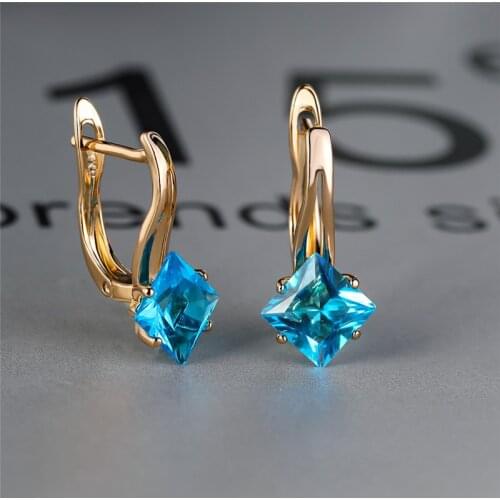 Rose Gold Color Small Hoop Earrings Dainty Aqua Blue Zircon Earrings Luxury Crystal Geometric Stone Wedding Earrings For Women