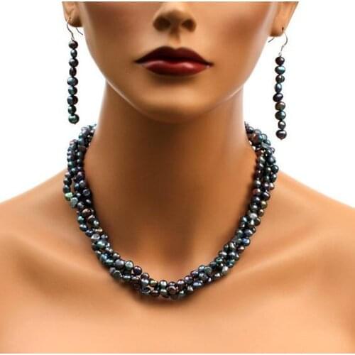 Unique Pearls jewellery Store 3 Rows Black Color Baroque Genuine Freshwater Pearl Necklace Wedding Gift Fine Jewelry