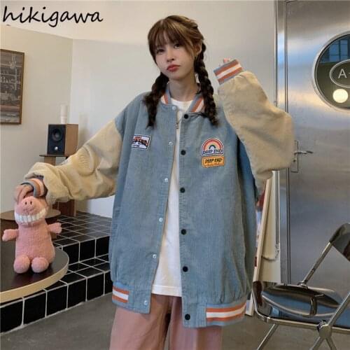 Hikigawa Harajuku Corduroy Thin Loose Cardigan Jacket Women 2021 Autumn Preppy Baseball Uniform Contrast Color Patchwork Tops