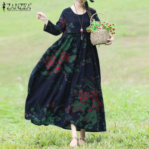 Vintage Floral Dress Womens Summer Sundress ZANZEA 2021 Casual Printed Maxi Vestidos Female O Neck High Waist Robe Plus Size 7