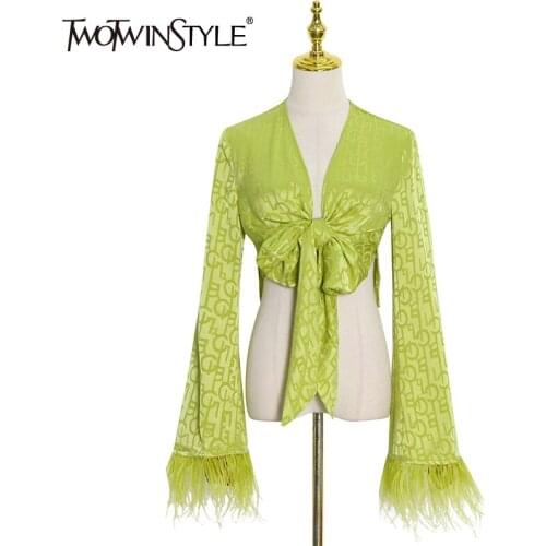 TWOTWINSTYLE Green Sexy Shirt For Women V Neck Flare Sleeve Short Tops Blouses Female Korean Fashion New Clothing 2021 Summer