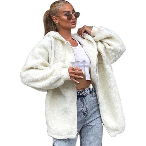 Fanco 2020 Autumn and Winter Warm Lamb Wool Zipper Hooded Jacket Women New White Long Sleeve Oversized Casual Outfits Streetwear