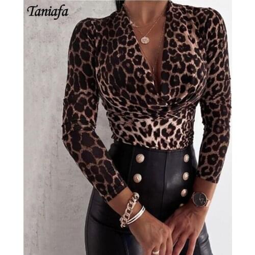 Women Fashion Long-sleeved V-neck Leopard Print Blouse Ladies T Shirt Female Slim Tops