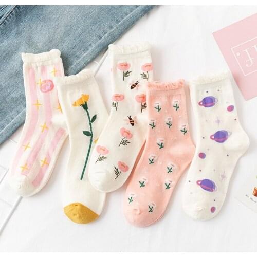 Women Socks Cotton Flower Plant Kawaii Cute Funny Casual Female ruffle White Hosiery Streetwear Harajuku Crew Sock Calcetines