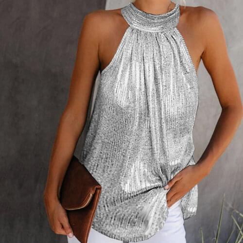Womens Fashion Shiny Halter Neck Tank Tops Ladies Summer Casual Solid Color Sleeveless T shirt Black Gold Silver