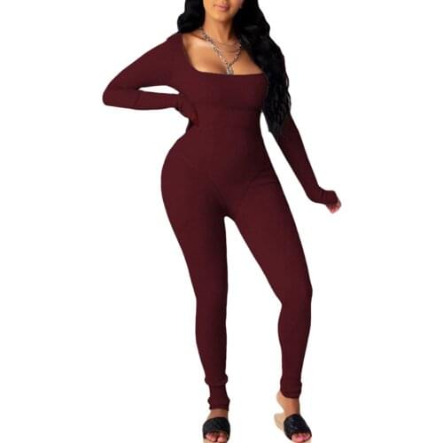 Women Sexy Rib Knitted Jumpsuits Plysuits Long Sleeve Square Collar Solid Skinny Club Sport Casual Rompers Streetwear