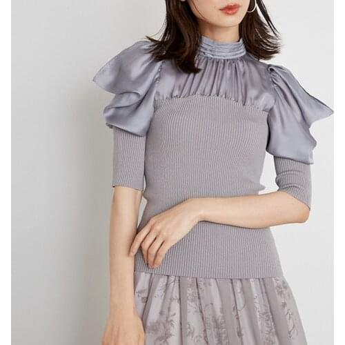 Kuzuwata Autumn New Women Sweaters Jumper Stand Collar Pleated Off Shoulder Puff Sleeve Blouses Patchwork Slim Knitted Pullovers
