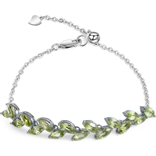 GEMS BALLET 4.37Ct Natural Peridot Gemstone Leaves Bracelet 925 Sterling Silver Adjustable Bracelets For Women Fine Jewelry