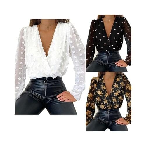 Lady Deep V-Neck Top White Jacquard Fashion Shirt Female Long Sleeve Chic Shirt Sexy Polka Dot Solid Color Mesh Blouses Top Crop